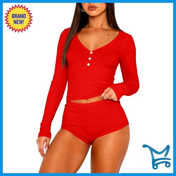 Other - Y2K V-Neck Long Sleeve Button Front Lounge Set with Shorts Sexy Sleepwear